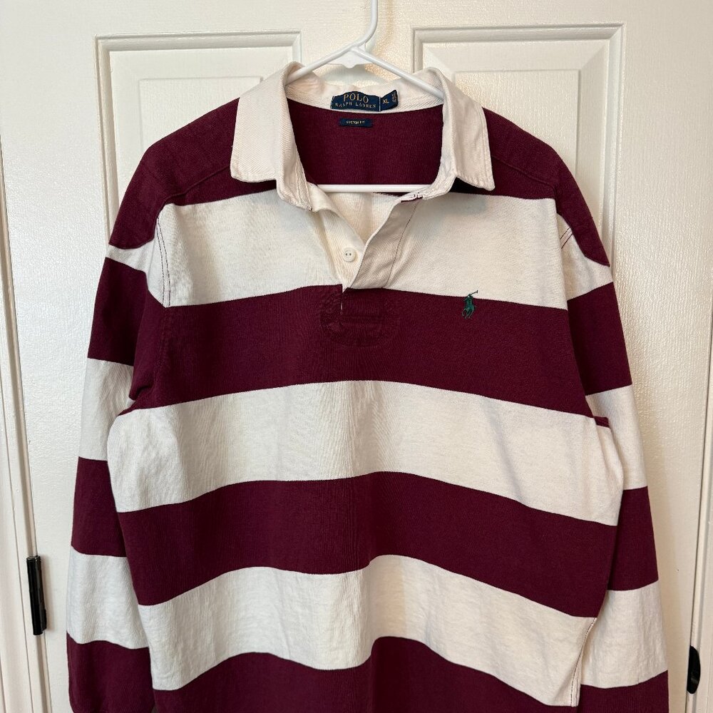 Men's Polo Ralph Lauren burgundy and white stripe rugby shirt